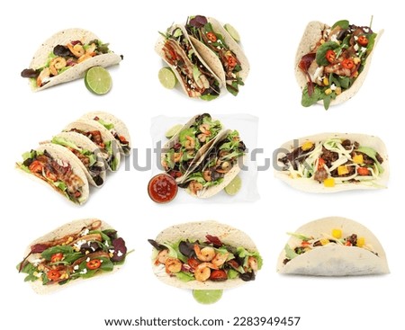 Delicious tacos isolated on white, collage design