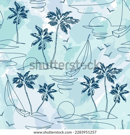 One line drawing tropical oasis island seamless pattern. Abstract landscape background with mountains, sea, coconut palm tree, yacht, birds continuous art. Vector illustration for minimal print fabric