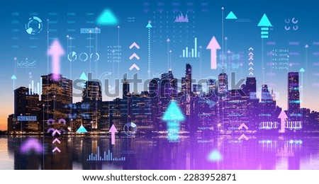 Immersive blurry Internet of things interface and arrows pointing up in night New York. Concept of smart city and hi tech. Double exposure
