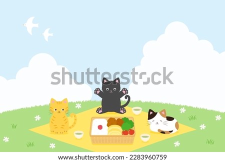 spring vector background with a bento box and cats having a picnic on a green field for banners, cards, flyers, social media wallpapers, etc.
