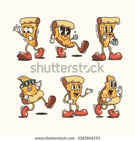 Set of Trendy Pizza and Cartoon Characters, Vintage character vector art collection