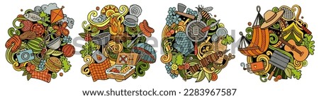 Picnic cartoon vector doodle designs set. Colorful detailed compositions with lot of food and nature objects and symbols. All items are separate