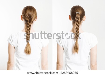 Braid hair different style. Back rear view woman braided hairstyles isolated on white background copy space. Health care beautycare concept. Healthy blonde natural easy-making casual plaits. Royalty-Free Stock Photo #2283968035