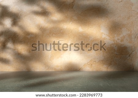 Moody sunlit scene made with earthy natural stone and retro green textured background. Minimal design with light and shadow. Creative copy space.