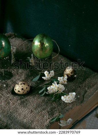 Easter eggs on dark background still life close up photo