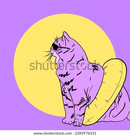 Funny purple cat with sunglasses and yellow rubber inflatable round ring  ready for swim. Illustration.