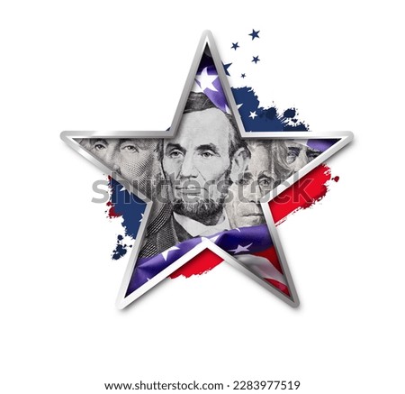 Collage of US Presidents portraits cut out of Dollar bills clipped mask in the shape of a star. Good for Happy Presidents Day, Independence Day, or other national holiday. Royalty-Free Stock Photo #2283977519