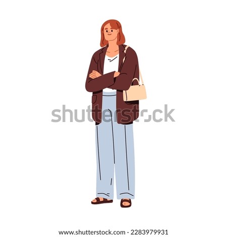 Modern businesswoman. Young smiling business woman, entrepreneur standing in fashion clothes. Girl employee, office worker with arms crossed. Flat vector illustration isolated on white background