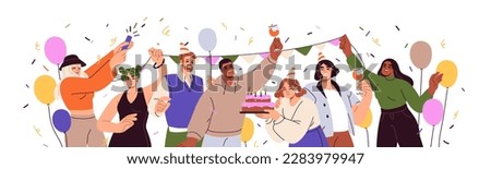 Happy people celebrating birthday party with cake. Corporate office team during holiday celebration, banner with colleagues, confetti. Flat graphic vector illustration isolated on white background