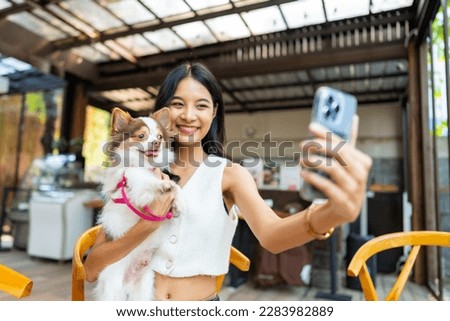 Asian woman using mobile phone taking selfie with her chihuahua dog at pets friendly dog park cafe. Domestic dog with owner enjoy urban outdoor lifestyle on summer vacation. Pet Humanization concept.