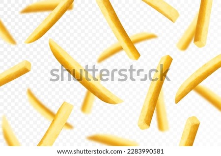 French fries background. Fast food banner. Flying french fries potatoes with blurry effect isolated on white. Junk food. Falling roasted vegetable pieces. Realistic 3d vector illustration Royalty-Free Stock Photo #2283990581