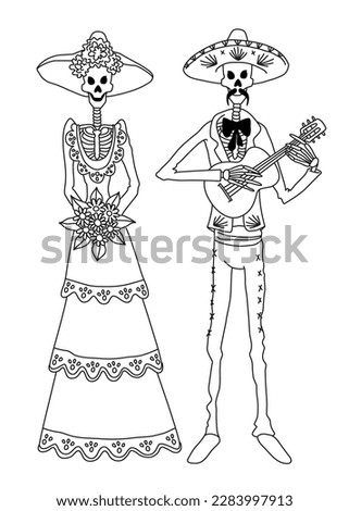 Mexican Day of the Dead traditional skeleton characters. Hand drawn vector illustration isolated on background. Outline stroke is not expanded, stroke weight is editable.