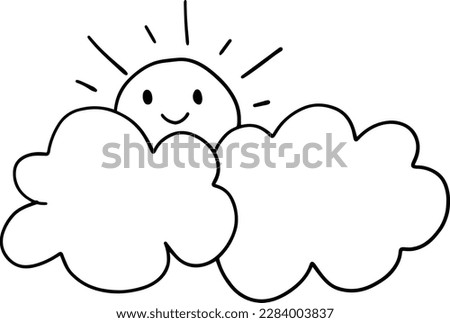 Cute smiling sun behind fluffy cloud cartoon emotion expression outline icon. Vector illustration