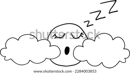Cute sleepy sun behind fluffy cloud cartoon emotion expression outline icon. Vector illustration