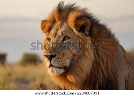 Portrait of a strong male lion with the African savanna Royalty-Free Stock Photo #2284007331