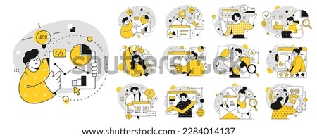 Employees working on business project, development of company. Financing and marketing department, graphs and diagrams. Vector people and charts in flat cartoon illustration