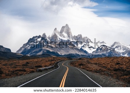 Monte Mount fitz roy, in El Chalten, Argentina, seen from the road. snow covered peaks of Mt. Fitzroy, Argentina. Royalty-Free Stock Photo #2284014635