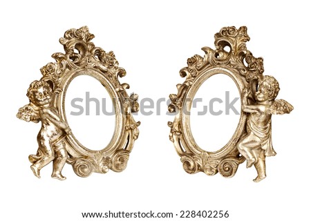 Set of oval baroque golden picture frames with cupid isolated on white with clipping path.