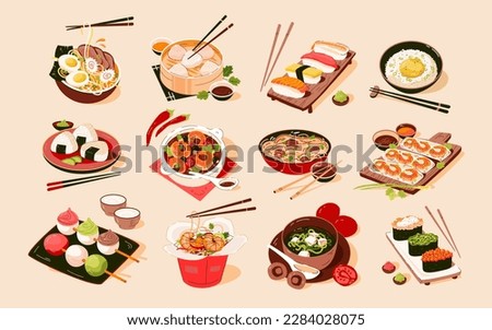 Asian food set. Asian cuisine with various dishes. Vector flat illustration
