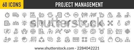 Set of 60 Project Management web icons in line style. Schedule, human resource, management, development, planning, strategy, collection. Vector illustration. Royalty-Free Stock Photo #2284042221