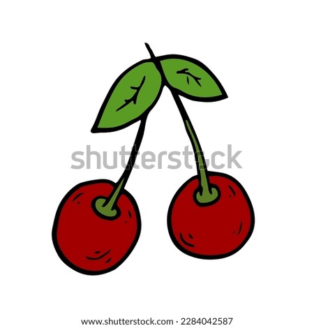 Sweet cherry Isolated doodle vector illustration. Concept summer, fruits, berries and healthy food. Strawberries flowers and green leaves. Clip art for web, print, cover, menu, cards, social media.