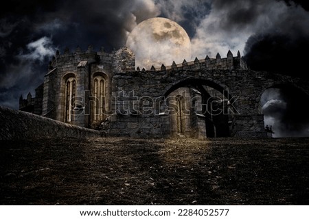 Color medieval halloween scenery with moon and medieval european abbey
