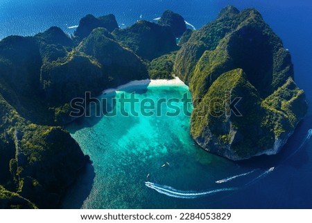 Aerial view of Maya bay in Phi phi island, Thailand. Royalty-Free Stock Photo #2284053829