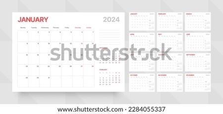 Monthly calendar template for 2024 year. Wall calendar grid in a minimalist style. Week Starts on Monday. Planner for 2024 year. Royalty-Free Stock Photo #2284055337