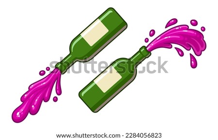 Splashing and pouring red wine from bottle. Cartoon vector clip art illustration.