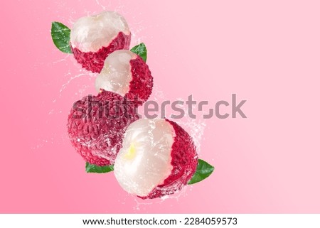 Creative layout made from Fresh lychee or litchi fruit and water splashing on a pastel pink background. Fruit minimal concept and copy space. Royalty-Free Stock Photo #2284059573