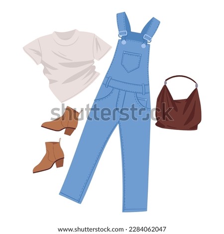 Cartoon denim overall outfit. Casual clothing with denim overalls, t-shirt and accessories flat vector illustration Royalty-Free Stock Photo #2284062047