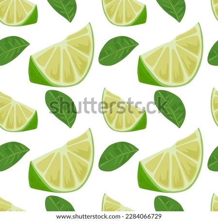 Lime slices of various sizes with lime leaves. Seamless pattern in vector. Popular pattern with fruits. Suitable for print and background.