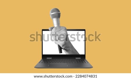 Collage art, the hand with a microphone sticking out of the laptop on a light background. Yellow press from a laptop, daily news.