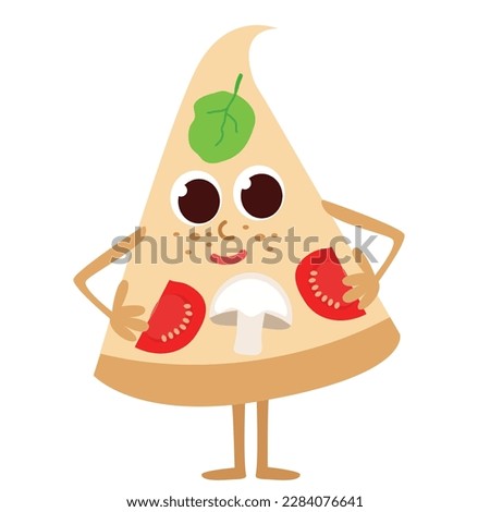 Pizza with tomatoes and champignons is smiling and has a happy look. Fast food in the form of funny creatures. Character design in cartoon style isolated on white background.