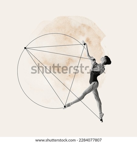 Young graceful girl, professional ballerina making performance over light background with abstract design elements. Contemporary art collage. Classical ballet, beauty, creativity, inspiration concept