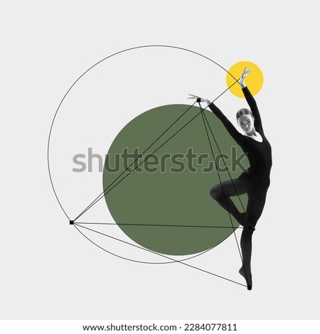 Tender, beautiful, young ballerina dancing against pastel background with abstract design elements. Line art. Contemporary art collage. Concept of classical ballet, beauty, creativity, inspiration