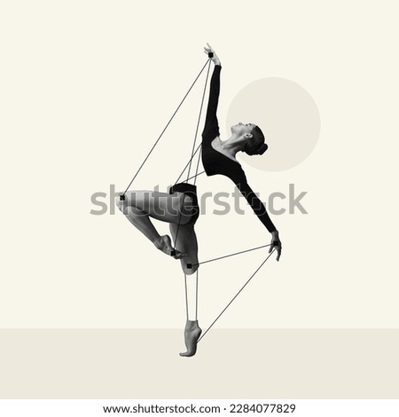 Graceful, artistic young woman, ballerina performing over light background with abstract design. Line elements. Contemporary art collage. Concept of classical ballet, beauty, creativity, inspiration