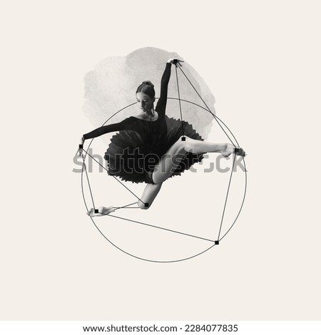 Artistic young woman, professional ballerina in black dress dancing over pastel background with abstract line design elements. Contemporary art collage. Classical ballet, beauty, inspiration concept