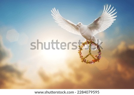 white dove holding flower and branch in symbol of Peace flying on sky for freedom concept ,international day of peace 2023 ,Pray for Ukraine and No war concept Royalty-Free Stock Photo #2284079595
