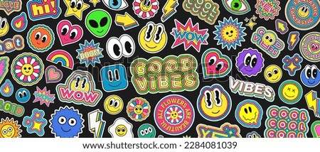 Cool Groovy Stickers Background. Trendy Pop Art Patches Texture. Y2k Collage Backdrop. Smile Funky Badges. Royalty-Free Stock Photo #2284081039
