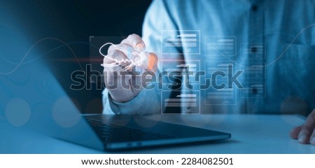 Electronic signature, e-document management Paperless workplace, e-signing, document management man signs an electronic document on a digital document on a virtual notebook screen using a stylus pen