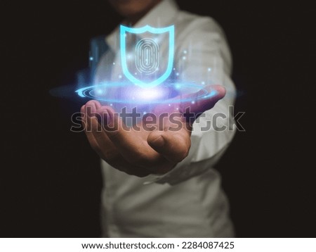 secure internet access cyber security man showing protection technology lock screen key Preventing attacks from malicious people on the Internet