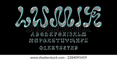 Y2K futuristic 3D effect font featuring letters and numbers with melted chrome metal effect and neon glow in vector illustration Royalty-Free Stock Photo #2284095459