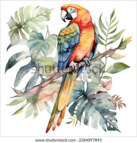 Illustration polygonal drawing of blue wing macaw bird with tropical leaf. Ara parrot. Macaw. Photo realistic Royalty-Free Stock Photo #2284097893