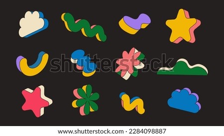 Different 3D geometric shapes collection. Retro flat cartoon sticker. Vector