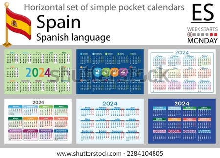 Spanish horizontal set of pocket calendar for 2024 (two thousand twenty four). Week starts Monday. New year. Color simple design. Vector