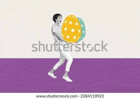 Picture creative idea paschal collage of young excited girl running with easter eggs celebrate april holiday isolated on painted background
