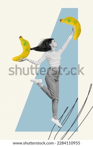 Vertical collage picture of cheerful black white gamma girl jumping arms hold big banana fruit isolated on painted background