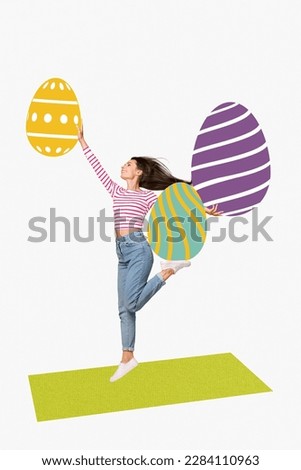Vertical collage image of excited positive girl jump hold big easter painted eggs isolated on creative background