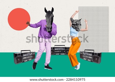 Creative collage picture of two carefree people dancing horse tiger head boombox music isolated on drawing background